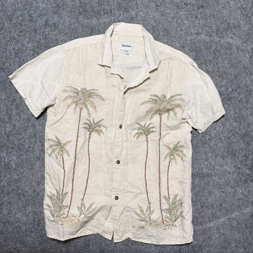 Rythm Mens Hawaiian Shirt Size M Beige Linen Blend Floral Aloha Button Up